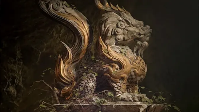 古风雕刻PBR游戏场景狮石像-怪豆资源